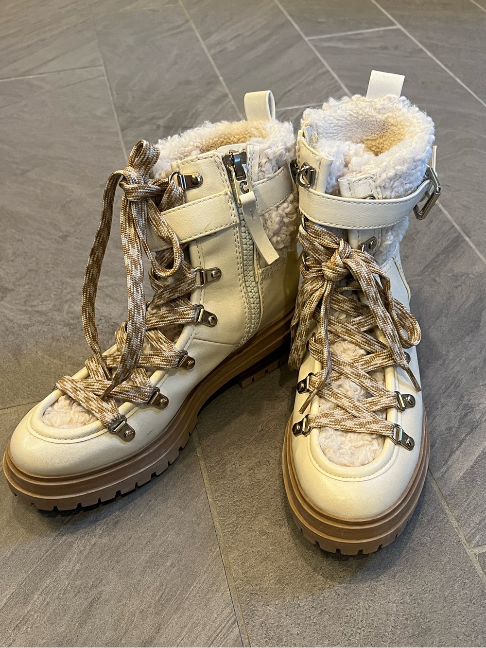 Sam Edelman Cream Faux Fur-Lined Lug Sole Boots with Tan Trim